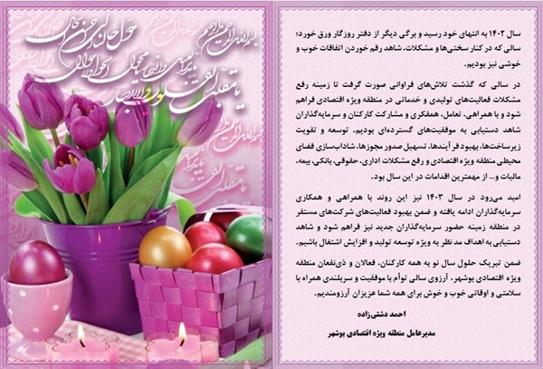 پیام تبریک مدیرعامل منطقه ویژه اقتصادی بوشهر به مناسبت آغاز سال نو